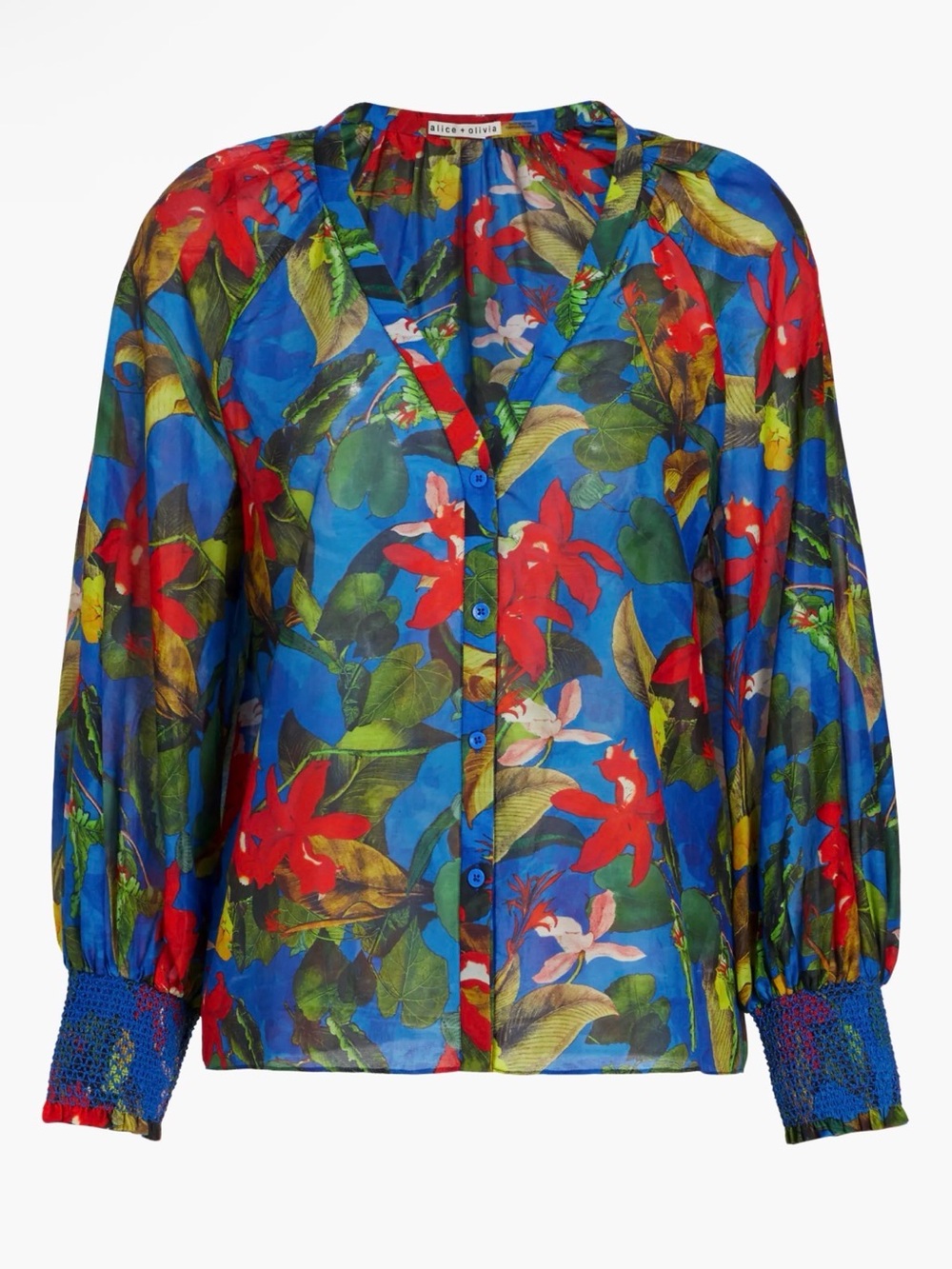Alice + Olivia Vibrant Blue Floral Button-Down Blouse with Red Accents